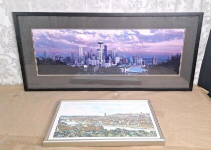 (1) 41" X 19" Framed Wall Art Print Of Seattle Washington Skyline & (1) 20" x 12" Wall Art Print Of Florence Italy