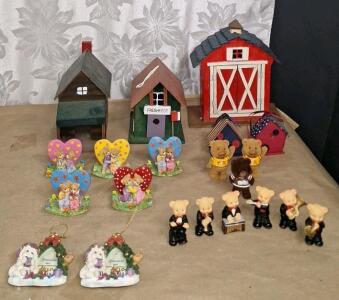 (3) Handcrafted Wooden Buildings & Assorted Table Decor