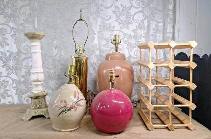(4) Assorted Table Lamps&mdash;Ceramic & Brass, Pink/Beige Tones, Rotary Switches, (1) 20" Ceramic Plant Stand & (1) Wooden 8-Bottle Wine Rack