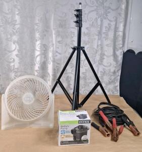 (1) 3-Speed Desk Fan, (1) Intex Air Pump, (1) Pair Of Jumper Cables & (1) Adjustable Height Studio Light Tripod