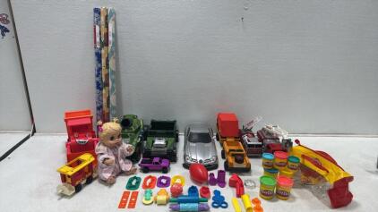 Lot Of Assorted Toys - Fisher-Price Jeep & Trailer, Maisto Mercedes SLR, Tonka Fire Trucks, Play-Doh Set, Doll