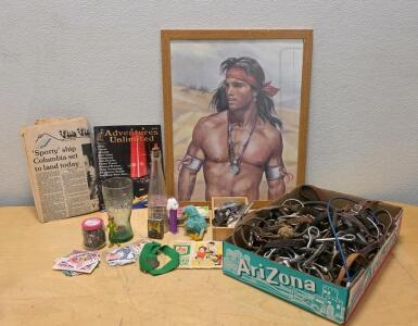 Vintage Collectibles Lot: Framed Art, Horse Tack, Newspaper, Toys, Glassware