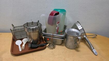 Assorted Kitchen Utensils and Food Service Equipment Lot &ndash; Includes Stainless Steel Pans, Plastic Pitchers, and More