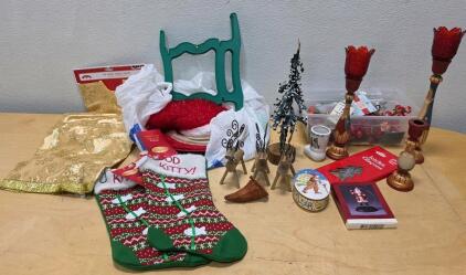 Mixed Hallmark & Holiday Christmas Lot &ndash; Stockings, Tree Skirt, Candle Holders, Ornaments