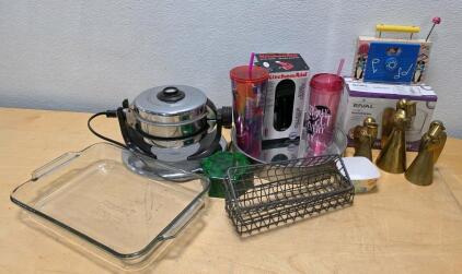 KitchenAid Can Opener, Rival Chopper, Vintage Waffle Iron, Pyrex Pan, Tumblers, Brass Candle Holders
