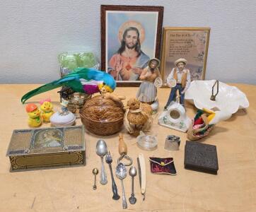 Mixed Lot Vintage Collectibles: Religious Prints, Figurines, Wares, Boxes