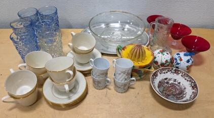 Large Vintage Glassware & Tableware Lot &ndash; Blue Tumblers, Gold-Rim Cups/Saucers, Punch Bowl, More