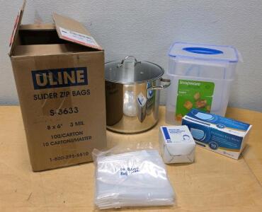 Uline S-3633 Bags, 12 Qt Stock Pot, Snapware Container, 100 Face Masks, Kitchen Lot