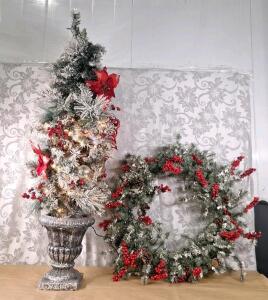 (1) 60" Artificial Lighted Christmas Tree & (1) 24" Artificial Wreath