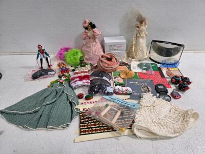 Mixed Lot Vintage Dolls, Records, Safety Goggles, Crocheted Crafts, Toys, & Craft Supplies