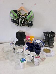 Fox Motocross Boots, Warrior Millennium Pro Gear Pad, Gibson Dinnerware, Glassware, Kitchen Lot