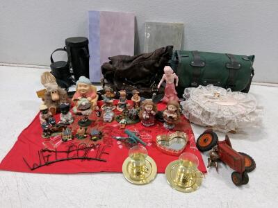 Assorted Vintage Collectibles Lot: Sony Bag, Glass Teacups, Die-Cast Toy Tractor, Figurines