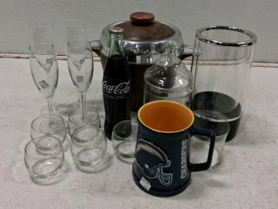 Mixed Drinkware Lot: NFL Chargers Mug, Mexican Coca-Cola Bottle, Champagne Flutes, Bar Set, 13 Pc