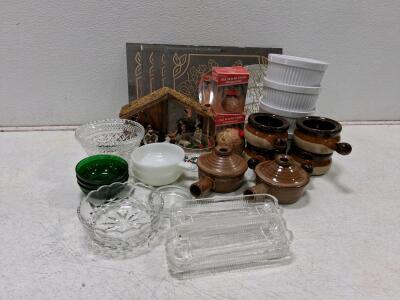 Vintage Kitchenware & Decor Lot: Glass Bowls, Soup Crocks, Nativity Set, Wall Art
