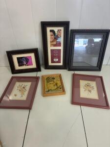 Assorted Lot of 6 Picture Frames &ndash; Various Sizes & Finishes, Includes Artwork & Photos