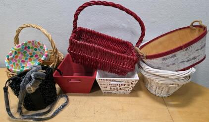 Mixed Lot: Wicker, Wooden, and Holiday Baskets with Black Woven Handbag