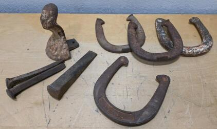 Vintage Horseshoes and Railroad Spikes Set &ndash; 4 Horseshoes, 3 Spikes, 1 Cast Iron Casting