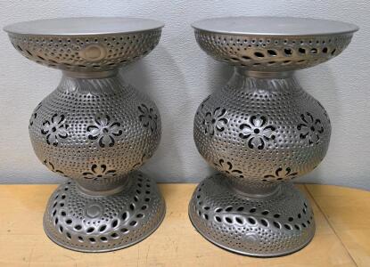 Pier 1 Imports Pierced Metal Drum Side Tables, Set of 2, Silver, Model 122013, CARB Compliant