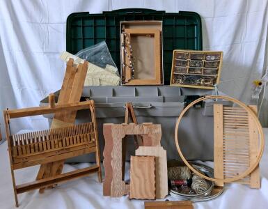 Leatherworking & Weaving Tool Lot &ndash; Wood Looms, Buckles, Organizer Chest, Yarn, Hardware.