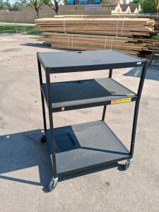 3-Shelf Black AV Utility Cart, 24"x18" Shelves, 34" Tall, 4" Locking Casters, Cable Grommets