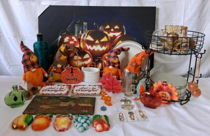 Large Fall & Halloween Decor Lot: Plush Gnomes, Signs, Wall Art, Glassware, Storage Bin
