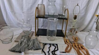 Collection of 7 Decorative Glass Vases, 1 Lamp Base, 6 Gold & 6 Silver Tassels.