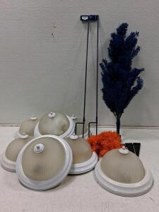 Lot of 7 Dome Flush Mount Ceiling Lights, White Base, Frosted Glass, 13" Diameter, 2-Bulb E26, BSU Tree, Garden Flag Stands