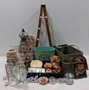Large Mixed Lot Home Decor: Step Ladder, Maison For&ecirc;t Planter, Owl Figure, Glassware, Baskets