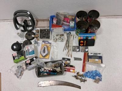 Mixed Hardware Lot &ndash; 250+ Pieces, Fasteners, Hooks, Handles, Saw Blade, Multiple Brands, Bins