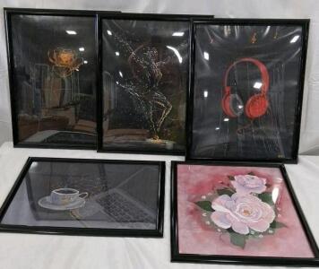 Framed Mixed Media String Art Collection: Dancer, Flowers, Headphones, Coffee, Set of 5, 16"x20"