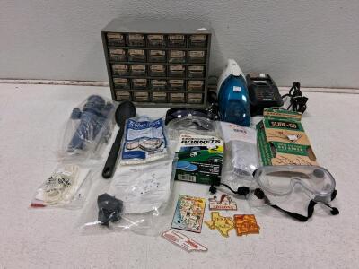 Mixed Lot: Ryobi Charger, Hardware Organizer, Automotive Bonnets, Safety Goggles & Magnets