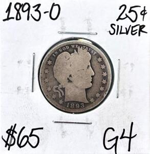 1893-O Barber Quarter 25&cent; Silver Coin, G4 Grade, New Orleans Mint, 90% Silver