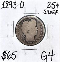 1893-O Barber Quarter 25&cent; Silver Coin, G4 Grade, New Orleans Mint, 90% Silver