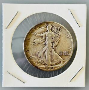 1942-D Walking Liberty Half Dollar, Silver, 50&cent; Coin, Denver Mint, Circulated