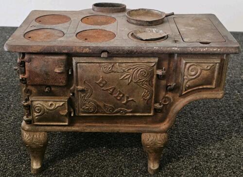 Antique "BABY" Cast Iron Toy Stove with Accessories, Circa 1880-1920, 13" x 13" x 15.5"