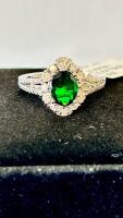 14K White Gold Lady's Ring, 0.84Ct Tsavorite, 0.49Ct Diamonds, RN035436, Appraised $3,870 (Please Inspect In Person) Size 6.5 - 6