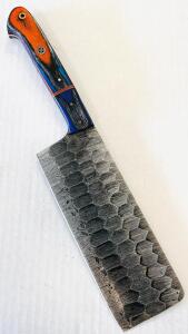 Custom Damascus Cleaver, Hammered Hex Blade, Colored Stabilized Wood Handle, Full Tang