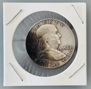 1958-D Franklin Half Dollar, 90% Silver, Circulated Condition