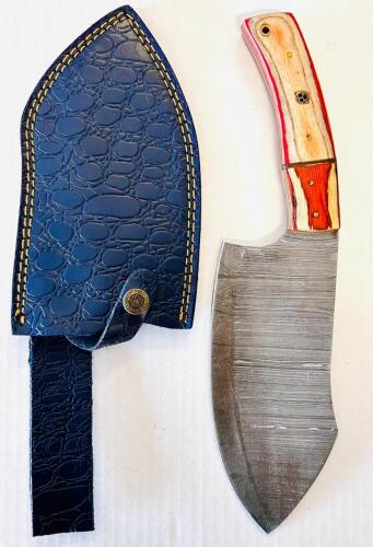 Custom Handmade Damascus Steel Cleaver-Style Fixed-Blade Knife With Wood Resin Handle And Leather Sheath