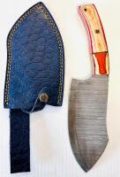 Custom Handmade Damascus Steel Cleaver-Style Fixed-Blade Knife With Wood Resin Handle And Leather Sheath