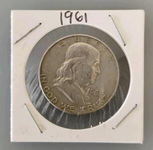 1961 Franklin Half Dollar, 90% Silver, Circulated, Liberty Bell Reverse, US Mint
