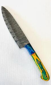 Custom Damascus Chef's Knife &ndash; 8" Blade, Mosaic Pin, Multicolor Dyed Wood Handle