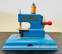 Kay an EE Sew Master Toy Sewing Machine, Circa 1950s, Hand-Crank, Blue Metal Body (7"x4"x5")