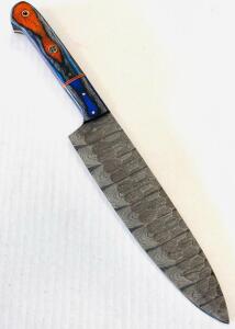 Custom Damascus Steel Chef's Knife 8" Blade, Mosaic Pins, Dyed Wood-Resin Handle