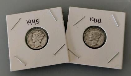 Mercury Dimes: 1941 & 1945, 90% Silver, Circulated, U.S. 10&cent; Coins (2 Pcs), Weinman Design