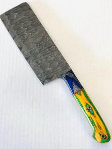 Damascus Steel Cleaver Knife With Ergonomic Multicolored Handle, Full Tang, 7-Inch Blade