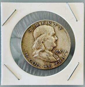 1959-D Franklin Half Dollar, 90% Silver, Denver Mint, Circulated, Liberty Bell Reverse