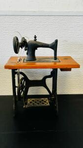 Vintage Miniature Treadle Sewing Machine (8"x 4.5"x 9")&ndash; Cast Iron Base, Ornate Scrollwork, Wood Tabletop, Single Drawer