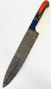 Custom Damascus Chef Knife With Blue And Orange Wooden Handle, 8" Blade