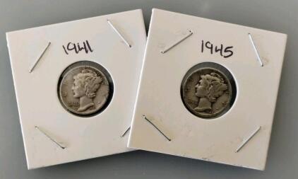 1941 & 1945 Mercury Dimes, 90% Silver, Winged Liberty Head, Circulated, Adolph Weinman Design
